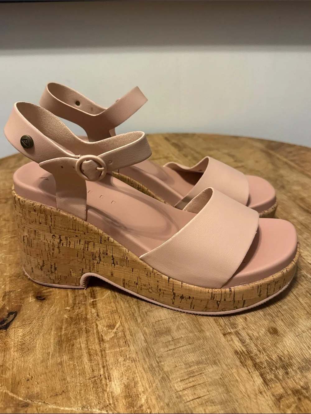 Reef Blush Pink Cork Wedge Sandals with Ankle Strap Size 10
